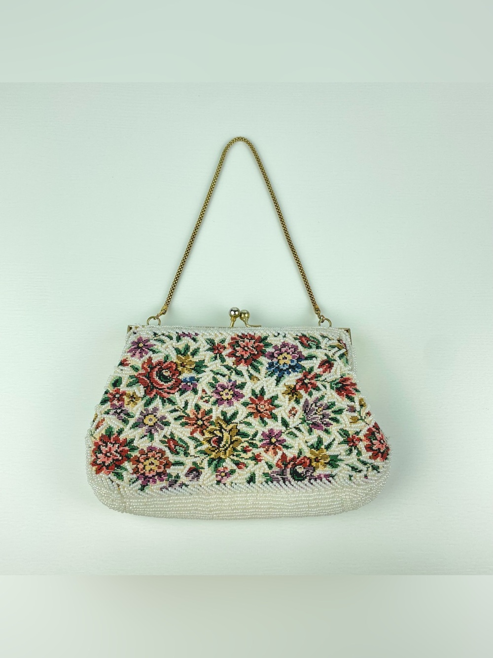 VTG Oharsma Floral Beaded Tapestry Evening Bag Gold Chain Handbag Kiss Clasp - Picture 2 of 16
